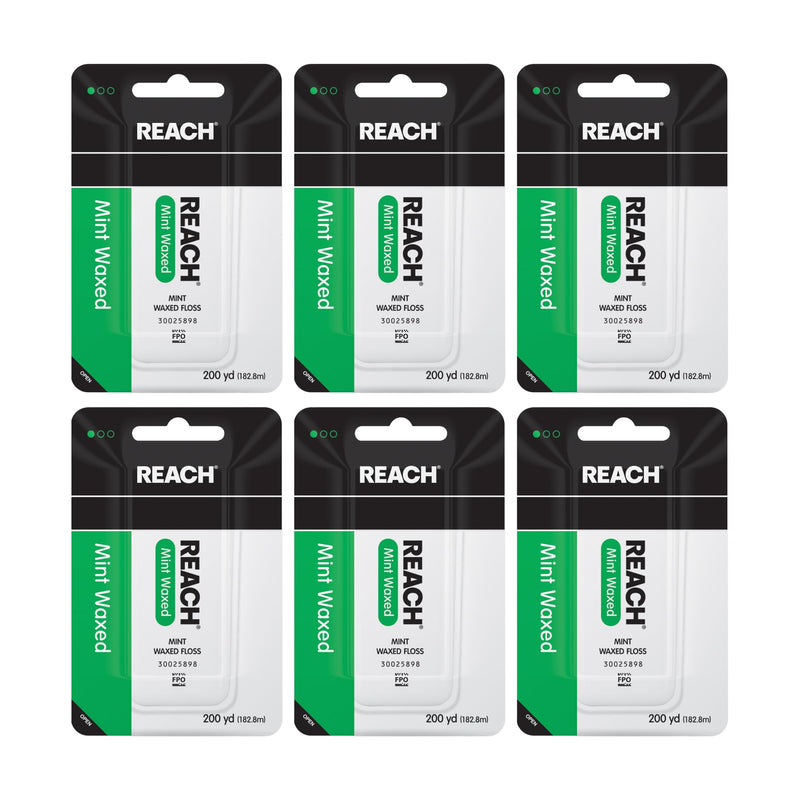 REACH Waxed Dental Floss, Mint, Plaque Remover for Teeth, Shred Resistant, Floss Slides Smoothly, Easy to Use, Waxed, Deep Cleaning Teeth, Oral Care, PFAS Free, for Adults & Kids, 6 Pack, 200 yd 600 Foot (Pack of 6)