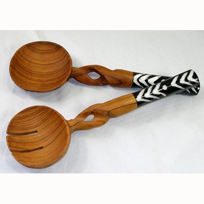 Global Crafts - Olive Wood Salad Serving Set - Twisted Wooden Salad Servers, Handcrafted Utensils