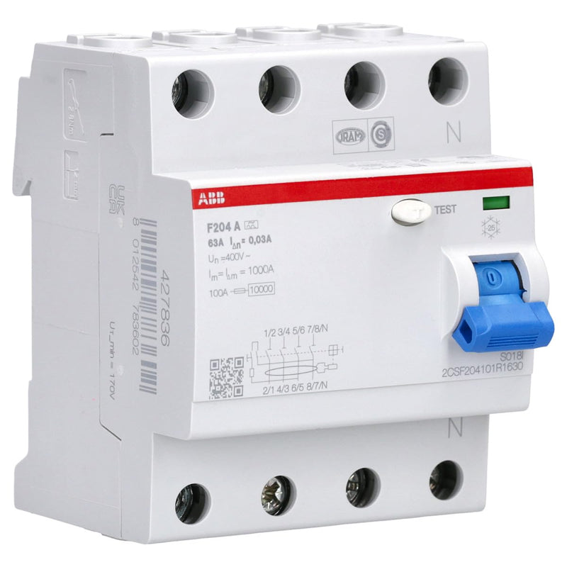 ABB Earth Leakage Circuit Breaker 63 A/0.03 °F204 A 63 | RCCB für Personen-, Sach- & Brandschutz Montage auf DIN-Schiene ideal für Haus Gewerbe & Industrieanlagen 2CSF204101R1630 1 count F204 A-63/0.03