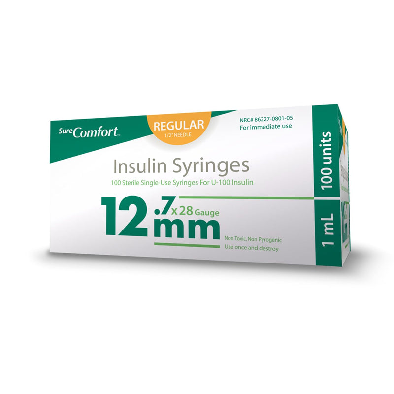 [Australia - AusPower] - SureComfort U-100 Insulin Syringes 28G x 1/2" 1cc (12.7mm), Quality Disposable Syringes for Diabetes Care, Box of 100 