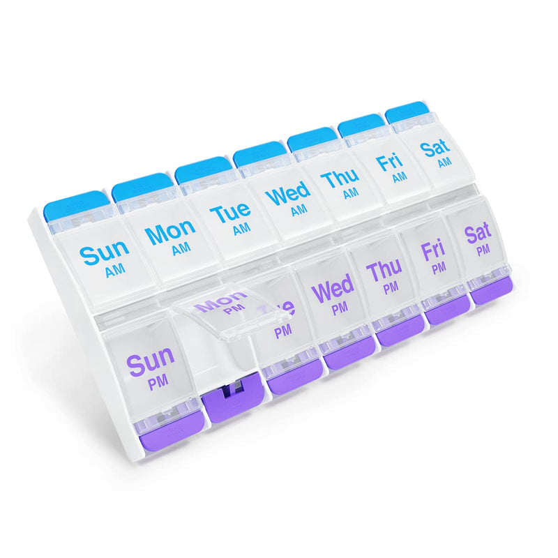 [Australia - AusPower] - EZY DOSE Push Button (7-Day) Pill Case, Medicine Planner, Vitamin Organizer, 2 Times a Day AM/PM, X-Large Compartments, Arthritis Friendly, Clear Lids, Purple and Blue, BPA Free Blue and Purple (Clear Lids) 1 Count (Pack of 1) 