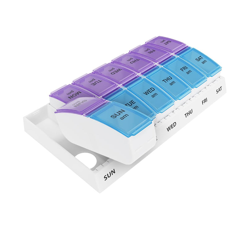 [Australia - AusPower] - EZY DOSE Weekly (7-Day) AM/PM Pill Case, Medicine Planner, Vitamin Organizer Box, Small Pop-out Compartments, 2 Times a Day, Blue and Purple Lids, BPA Free 1 Count (Pack of 1) 