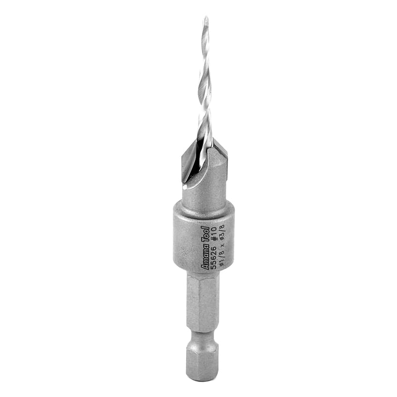 Amana Tool Carbide Tipped 82 Degree Countersink Tapered Drill Bit, 55626, Screw 10, 3/8 Dia x 1/8 Drill D x 1/4 Hex Shank