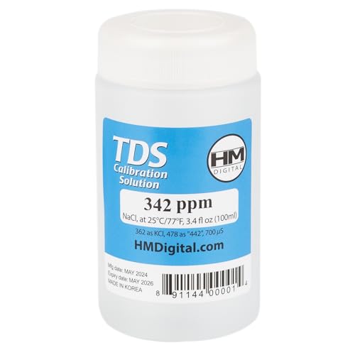 HM Digital C342 TDS and EC calibration solution bottle, 342 ppm NaCl, 90 ml, transparent and blue