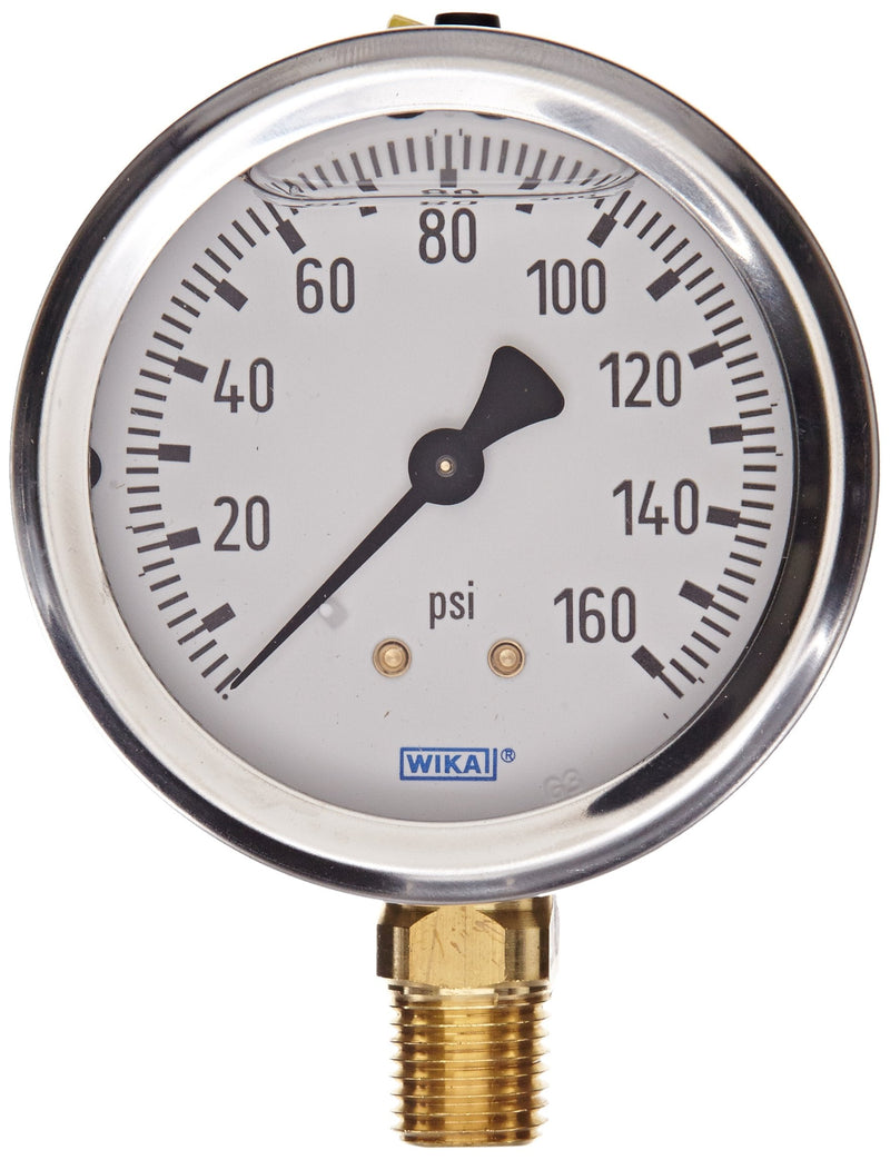 [Australia - AusPower] - WIKA 9767070 Industrial Pressure Gauge, Liquid/Refillable, Copper Alloy Wetted Parts, 2-1/2" Dial, 0-160 psi Range, +/- 2/1/2% Accuracy, 1/4" Male NPT Connection, Bottom Mount 1/4" NPT Male Bottom Mount 
