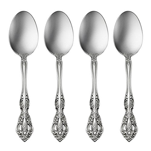 Set of four Oneida Michelangelo soup spoons in 18/10 stainless steel, elegant flatware for dining and serving.