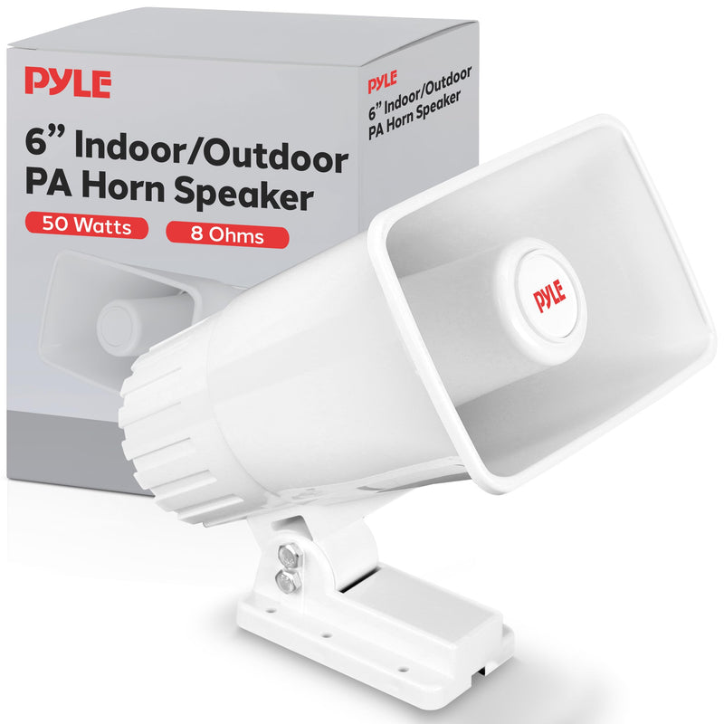 [Australia - AusPower] - Pyle Indoor / Outdoor PA Horn Speaker - 6” Portable PA Speaker With 8 Ohms Impedance & 50 Watts Peak Power - Mounting Bracket & Hardware Included - Pyle PHSP4 White 