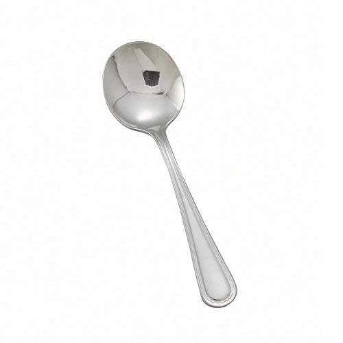 Set of 12 Winco stainless steel bouillon spoons, 6 ¾ inches, with polished finish, ideal for soups and broths.