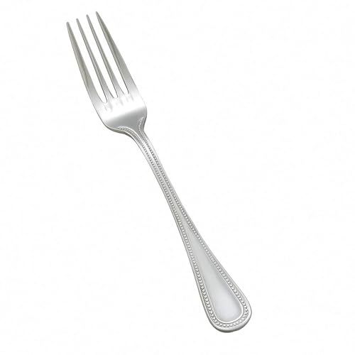 Set of 12 Winco 8-inch pearl stainless steel dinner forks with smooth handles and polished finish.