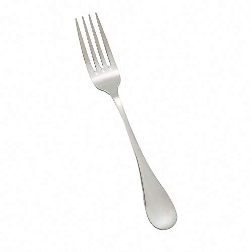 Set of 12 Winco 9-inch Venice stainless steel dinner forks arranged on a table.
