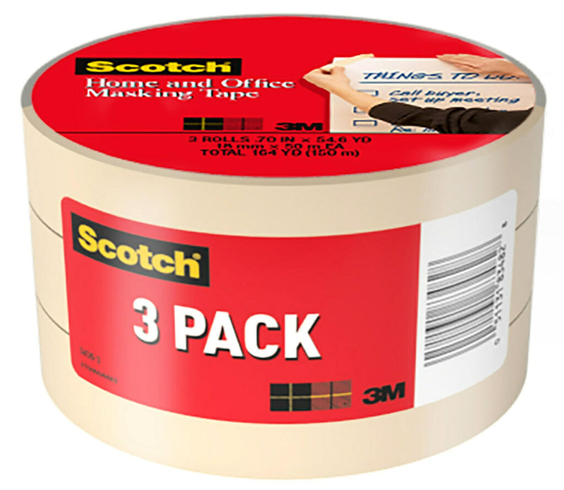 Scotch Masking Tape, 3 Rolls, 0.70 in x 54.6 yd, Great For Everyday Use, Strong Adhesive, Tan Masking Tape (3436-3) 0.75" Width