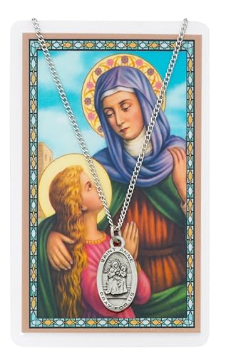 Saint Anne 7/8-inch Pewter Medal Pendant Necklace with Holy Prayer Card