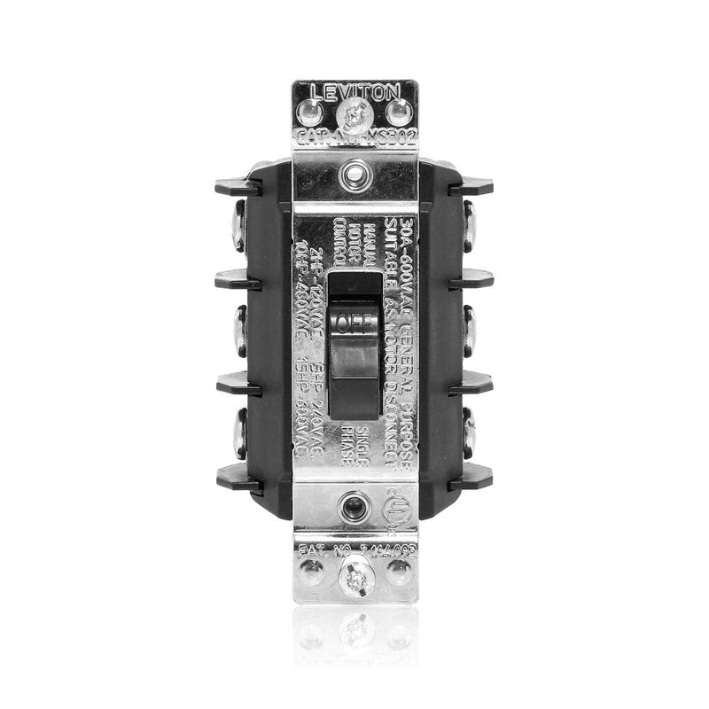 Leviton 30 Amp, 600 Volt, Three-Pole, 3 Phase AC Motor Starter, Suitable as Motor Disconnect, Short Toggle, Industrial Grade, Non-Grounding, MS303-DSS, Black (Pack of 1)