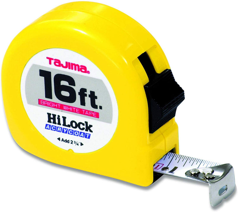 TAJIMA Tape Measure - 16 ft x 1 inch Hi-Lock Measuring Tape with Durable ABS Case & Acrylic Coated Blade - HL-16BW 4.9 m