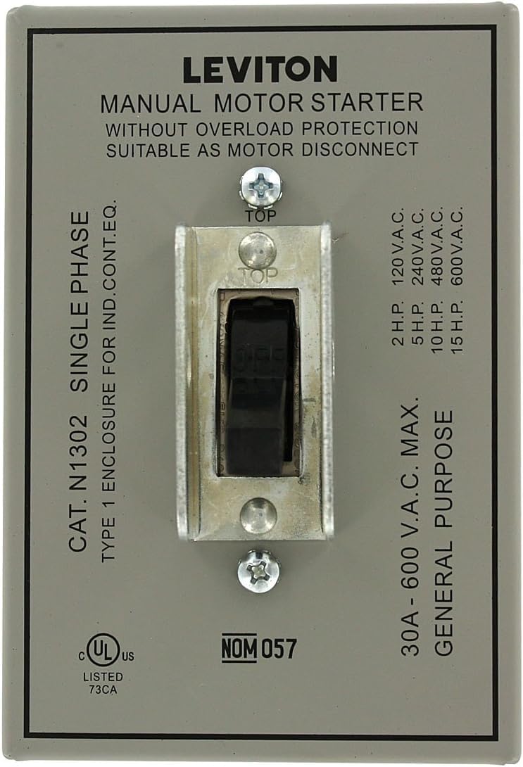 Leviton 30 Amp, 600 Volt, Toggle In Type 1 Enclosure Double-Pole AC Motor Starter, Suitable as Motor Disconnect, Industrial Grade, Grounded, N1302-DS, Gray