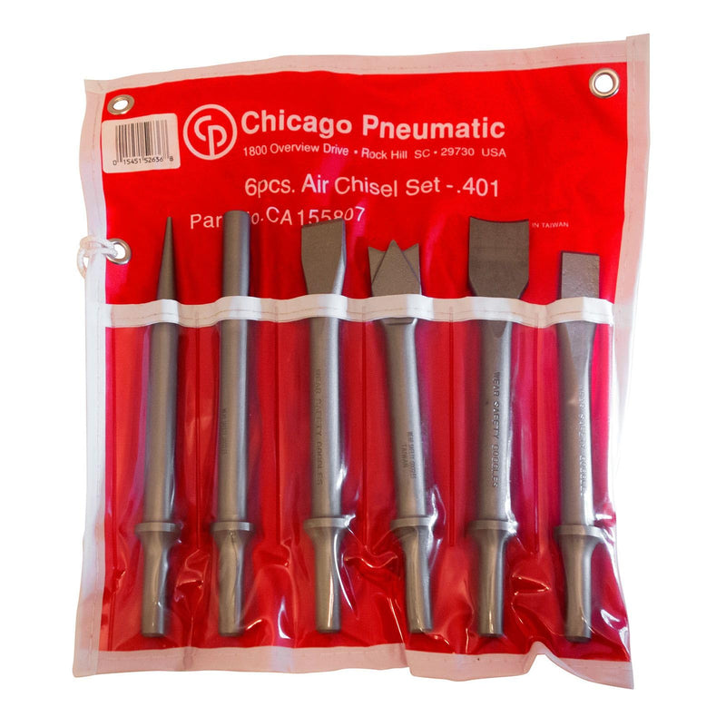 Chicago Pneumatic CA155807 - Chisel Kit - Rivet Cutter, Twin Blade Cutter, Cold Chisel, Straight Punch, Tapered Punch & Spot Weld Splitter - 0.401 Inch (10.2 mm) Round Shank (6 PCS) Silver