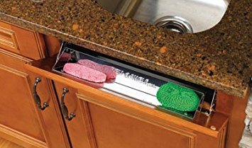 Rev-A-Shelf 28-inch stainless steel tip-out tray with multiple compartments for kitchen organization and storage.