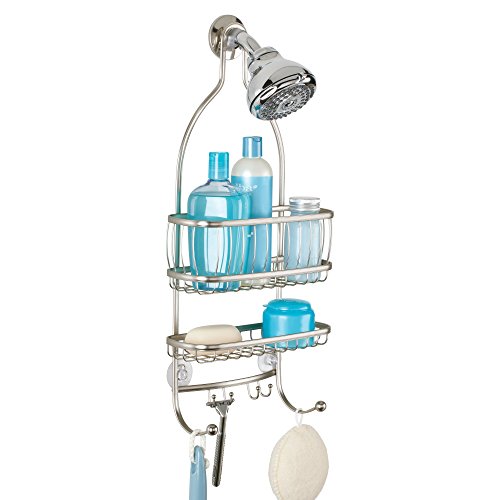 iDesign York metal wire hanging shower caddy in satin silver with multiple shelves for bathroom organization