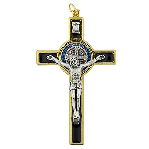 McVan Gold Toned with Black Epoxy Saint St Benedict Pectoral Crucifix Pendant, 3 Inch