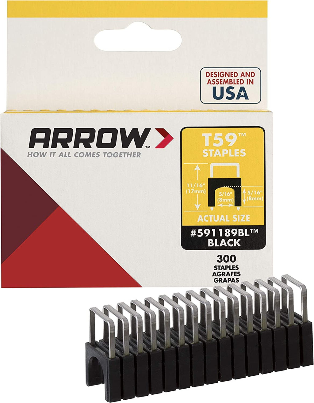 Arrow 591189BLSS Genuine T59 Stainless Steel 5/16-Inch Leg Length by 5/16-Inch Crown Width Insulated Staples for Cable and Wiring, Black, 300 Count Hardware Staple