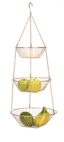 RSVP International hanging storage collection with three copper wire baskets, ideal for organizing space efficiently.
