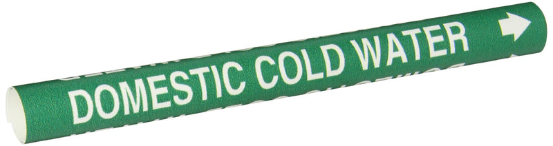 Brady 4048-A Snap-On 3/4" - 1-3/8" Outside Pipe Diameter B-915 Coiled Printed Plastic Sheet White On Green Color Pipe Marker Legend "Domestic Cold Water"