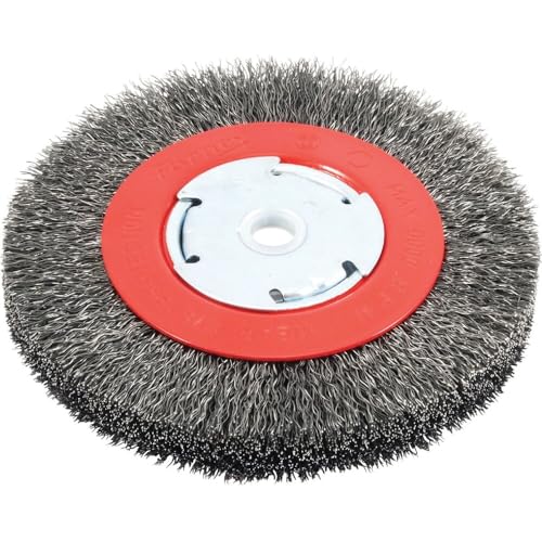 Forney 72750 6-inch wire bench wheel brush with coarse crimped bristles and 1/2-inch, 5/8-inch arbor