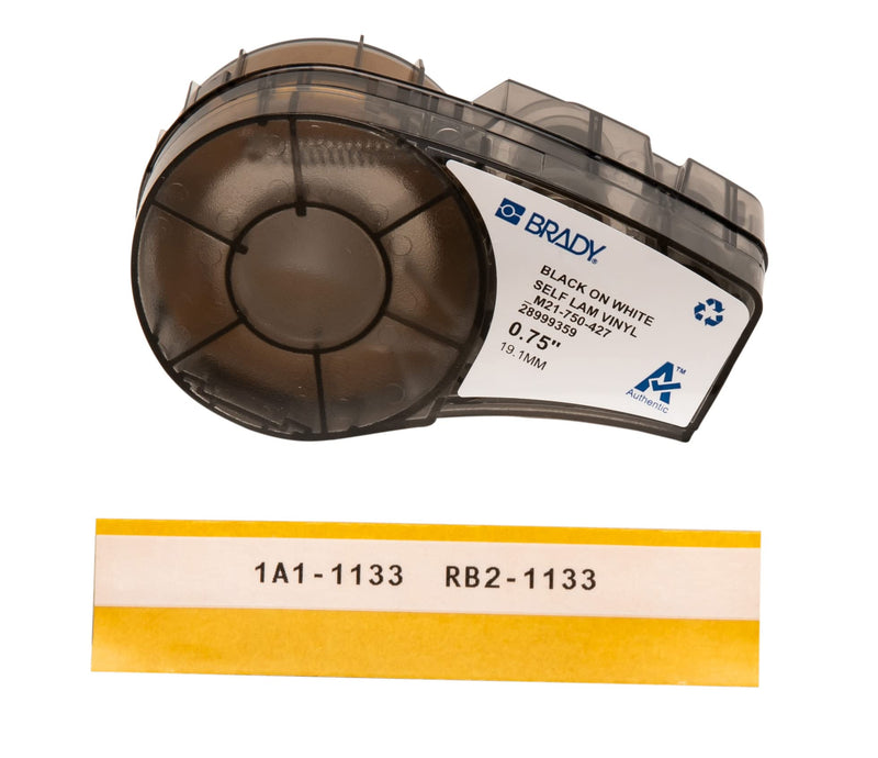 Brady Authentic (M21-750-427) Self-Laminating Wire Wrap for Control and Electrical Panels, Datacom Cable, Black on White- For M210, M210-LAB, M211, BMP21-PLUS and BMP21-LAB Printers, .75" W, 14' L Black on Transluc/White Vinyl .75"