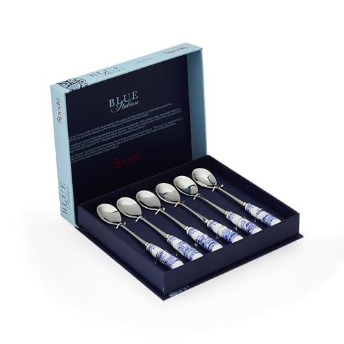 Spode Blue Italian Collection Teaspoons | Set of 6 | Made of Stainless Steel with Porcelain Handles | 6 Inch Dessert Spoons | Blue/White | Hand Wash Only 15cm