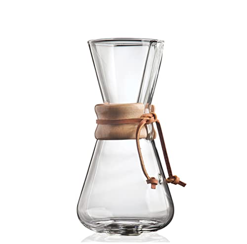 Chemex Classic Series 3-cup pour-over glass coffeemaker with wooden handle, designed for brewing rich coffee in an elegant glass carafe.