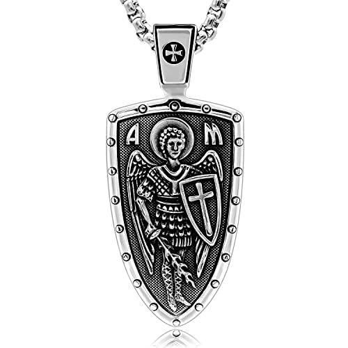 VENICEBEE® Archangel St. Michael Saint Medal Pendant Protection Cross Sword Shield Christian Sacramental Necklace Solid 925 Sterling Silver + Black Velvet Pouch, Polishing Cloth, Fine Gift Box