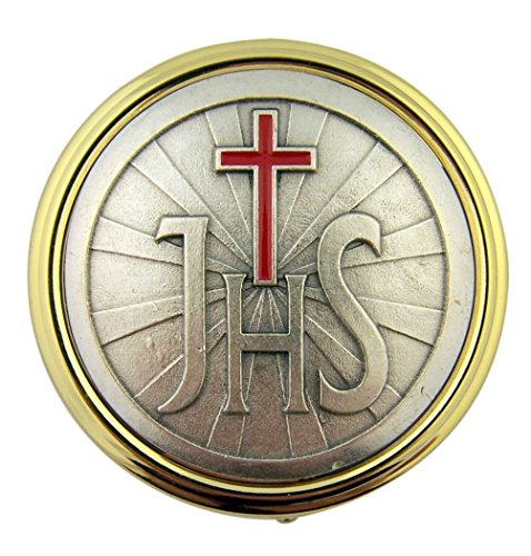 Religious Gifts Gold Plate Eucharist PYX with IHS and Red Enamel Cross, 2 1/4 Inch