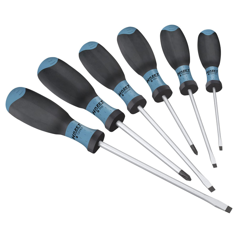 HAZET Screwdriver Set 810SPC/6 I 6-Piece Set with Non-Slip 3-Component Handle for High Force Transmission I Matt Chrome-Plated Surface, 4x Slotted Profile, 2x Phillips Profile 3-component handle without hanging hole