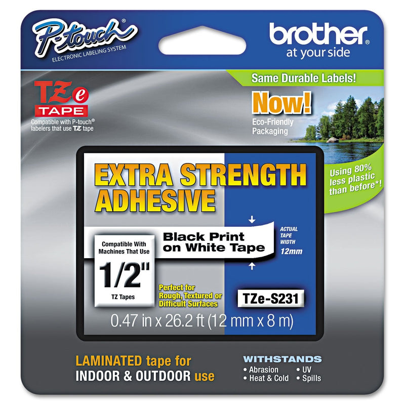 Brother Extra Strength Tape, Black on White, 12mm (TZeS231) Pack of 1 Old Packaging Black Print on White Extra Strength Tape