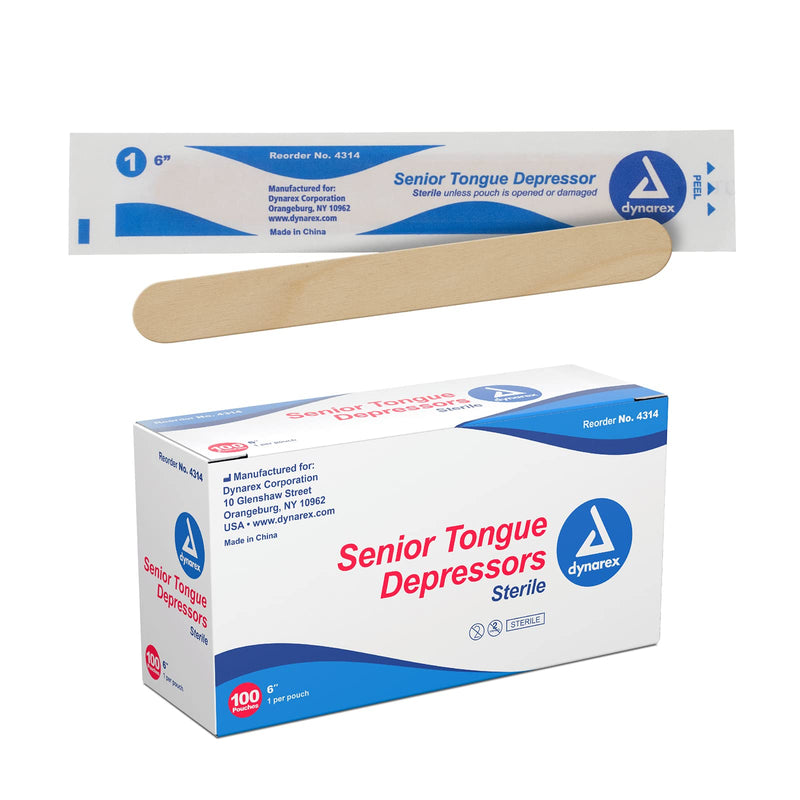 [Australia - AusPower] - Dynarex Tongue Depressors, Sterile, 6" Senior-Sized Length, Made from Beige Birch Wood, Comes in Peel-Down Patches, 1 Box of 100 100 Count (Pack of 1) 