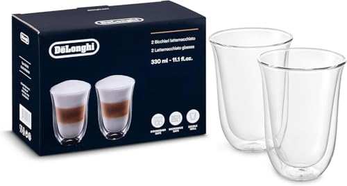 De'Longhi DeLonghi Double Walled Thermo Latte Glasses, Set of 2, 2 Count (Pack of 1), Clear, 330 milliliters Latte Glasses (Set of 2) Solid