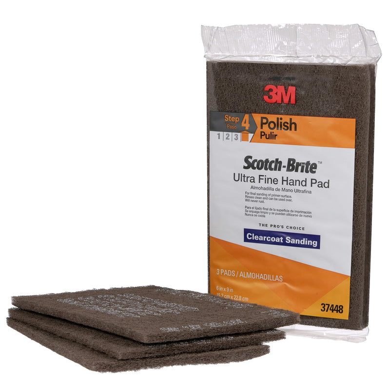 [Australia - AusPower] - Scotch-Brite Ultra Fine Grade 7448 Hand Pad, Pack of 3, 6 in x 9 in Hand Pads, Nonwoven Silicon Carbide, Surface Preparation, Scuffing, and Cleaning, Gray 