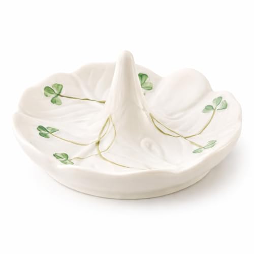 Belleek Classic Shamrock 4.4-Inch Ring Holder Dish, Handcrafted Parian China Jewelry Tray, Irish Decor, White