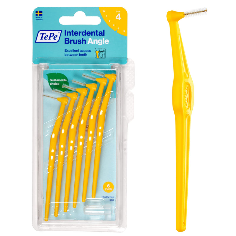 [Australia - AusPower] - TEPE Interdental Brush Angle, Angled Dental Brush for Teeth Cleaning, Pack of 6, 0.7 mm, Medium Gaps, Yellow, Size 4 
