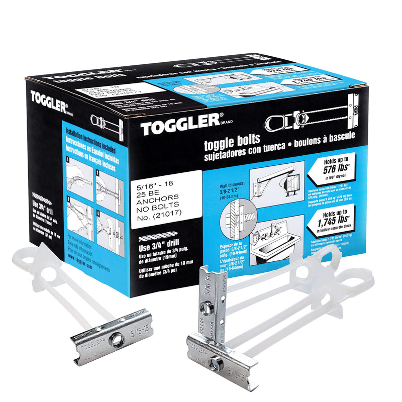 TOGGLER SNAPTOGGLE BE Toggle Anchor, Zinc-Plated Steel Channel, Made in US, 3/8" to 2-1/2" Grip Range, For 5/16"-18 UNC Fastener Size (Pack of 25)