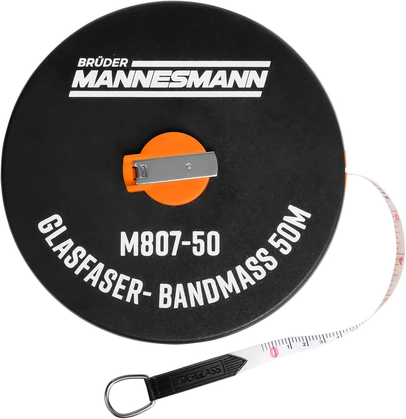 Brüder Mannesmann Fibreglass Tape Measure 50 m, with Crank Retraction, Weatherproof ABS Housing, Precise Measurement, Robust for Construction, Workshop and Garden, Pack of 1, M 807-50