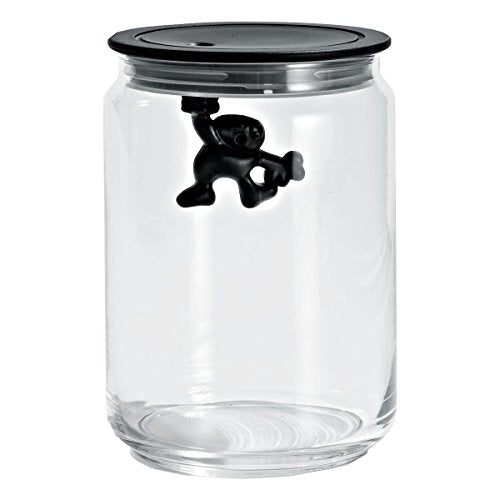 Black Alessi Gianni glass box food jar with 90cl capacity, featuring a sleek design and secure lid for storing food or snacks.