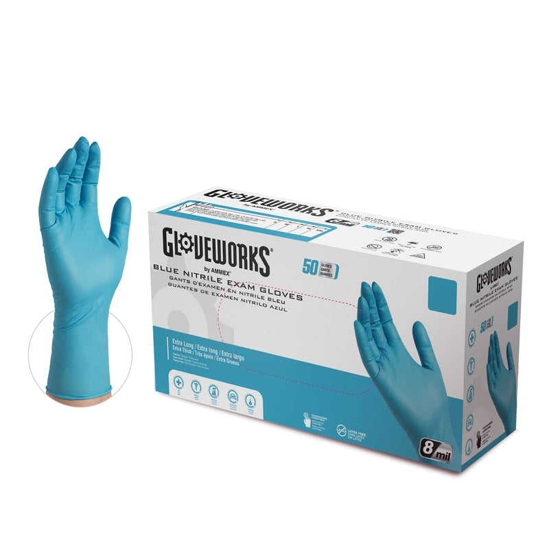 GLOVEPLUS HD Medical Blue NitrileGloves - 8 mil, 12 inches Long, Latex Free, Powder Free, Textured, Disposable, Non-Sterile, Large,GPNHD66100-BX, Box of 50 Large (Pack of 50) 50 Gloves