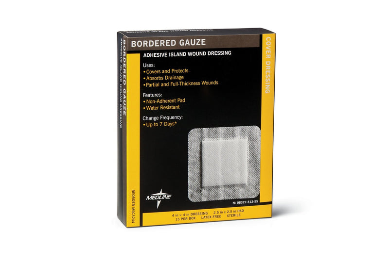 [Australia - AusPower] - Medline Bordered Gauze, 4" x 4" Adhesive Island Wound Dressing, Sterile, 15 Count (Package May Vary) 4" x 4" with 2.5" x 2.5" Pad 
