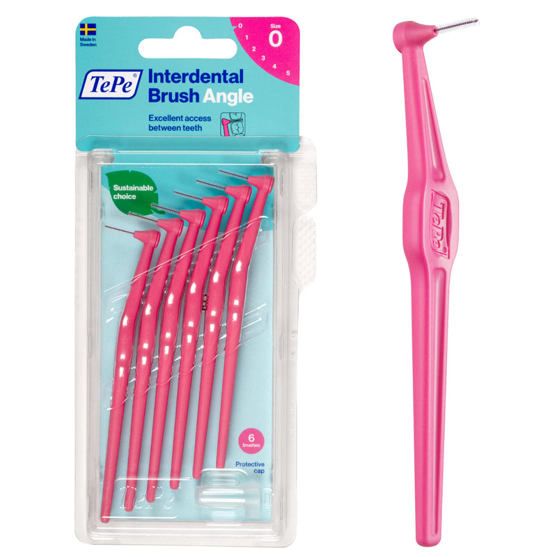 [Australia - AusPower] - TEPE Interdental Brush Angle, Angled Dental Brush for Teeth Cleaning, Pack of 6, 0.44 mm, Extra-Small/Small Gaps, Pink, Size 0 6 Count (Pack of 1) 