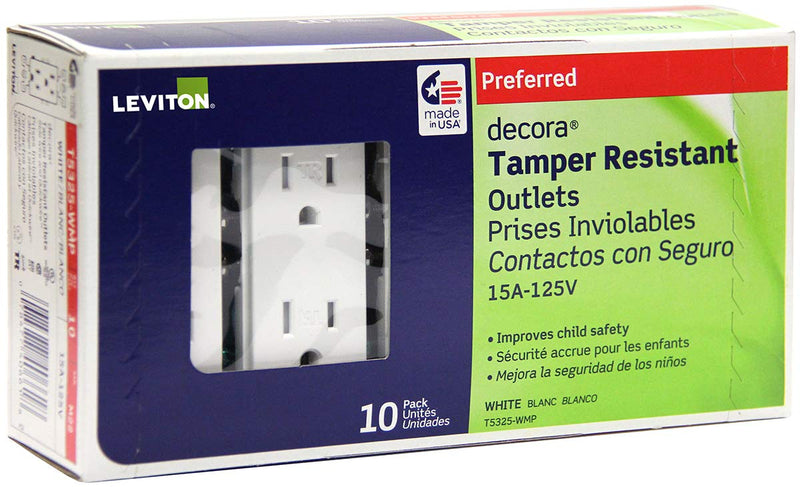 [Australia - AusPower] - Leviton T5325 15 Amp Decora Tamper-Resistant Duplex Electrical Wall Outlet - White, 10 Pack Tamper Resistant 