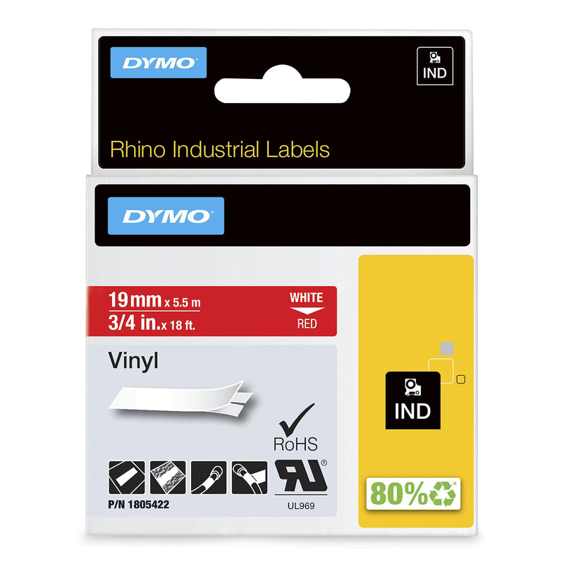 DYMO Rhino Industrial Vinyl Labels, 3/4", White Print on Red Tape