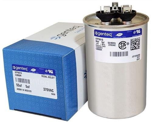 Genteq - 55 + 5 uF MFD x 370 VAC GE Industrial Replacement Dual Capacitor Round # C3555R / 97F9815