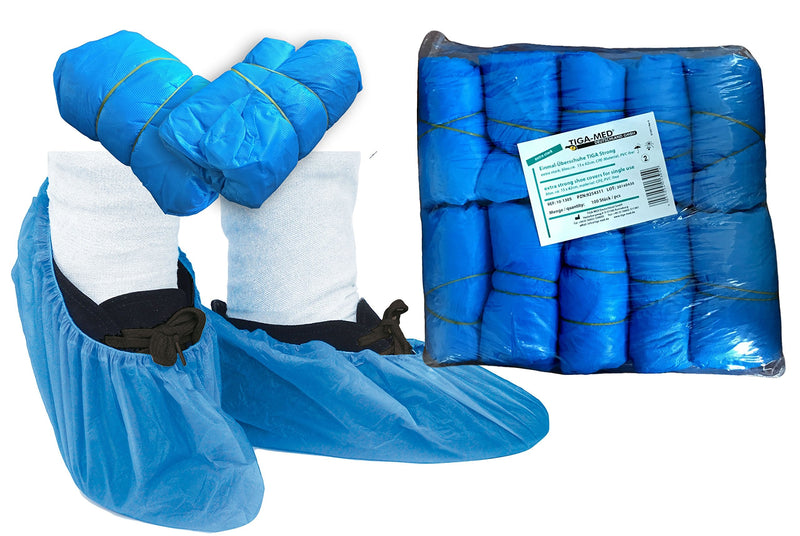 TIGA-MED Disposable Shoe Covers Pack of 100 - Strong 4.0 g CPE, Waterproof & Tear-Resistant, with Elastic Band up to Shoe Size 48, Blue (Surgical / Practice / Laboratory / Visitor)