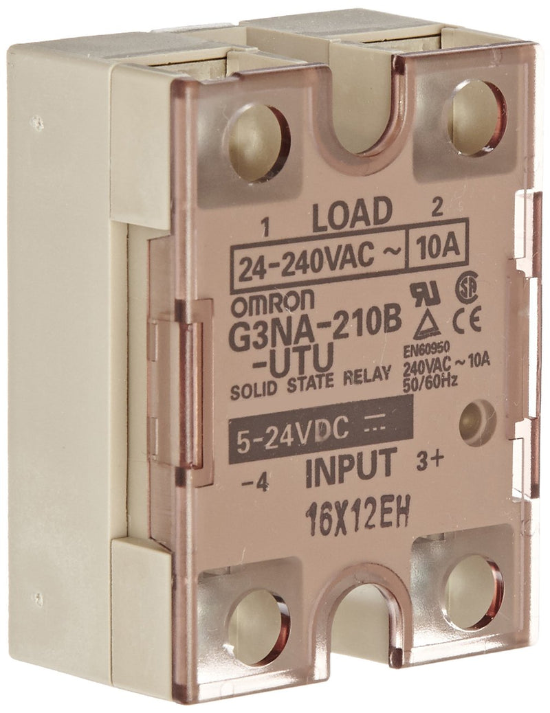 Omron G3NA-210B-UTU DC5-24 Solid State Relay, VDE Certified Model, Zero Cross Function, Yellow Indicator, Phototriac Coupler Isolation, 10 A Rated Load Current, 24 to 240 VAC Rated Load Voltage, 5 to 24 VDC Input Voltage